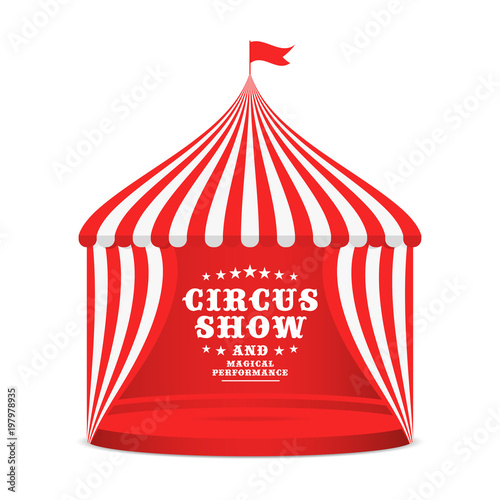 Circus tent with striped roof and curtains. Carnival poster for event with circus marquee isolated on white background
