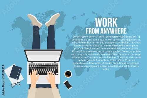 Freelancer is working at home with laptop, top view. Concept of remote working and work from anywhere. Man is typing on the laptop and sitting on the floor
