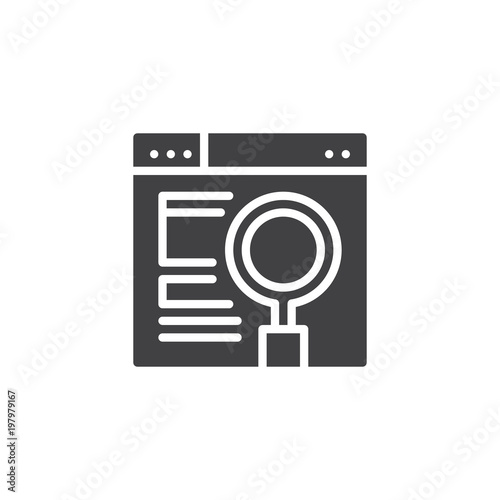 Web browser with magnifying glass on screen vector icon. filled flat sign for mobile concept and web design. Web search, SEO solid icon. Symbol, logo illustration