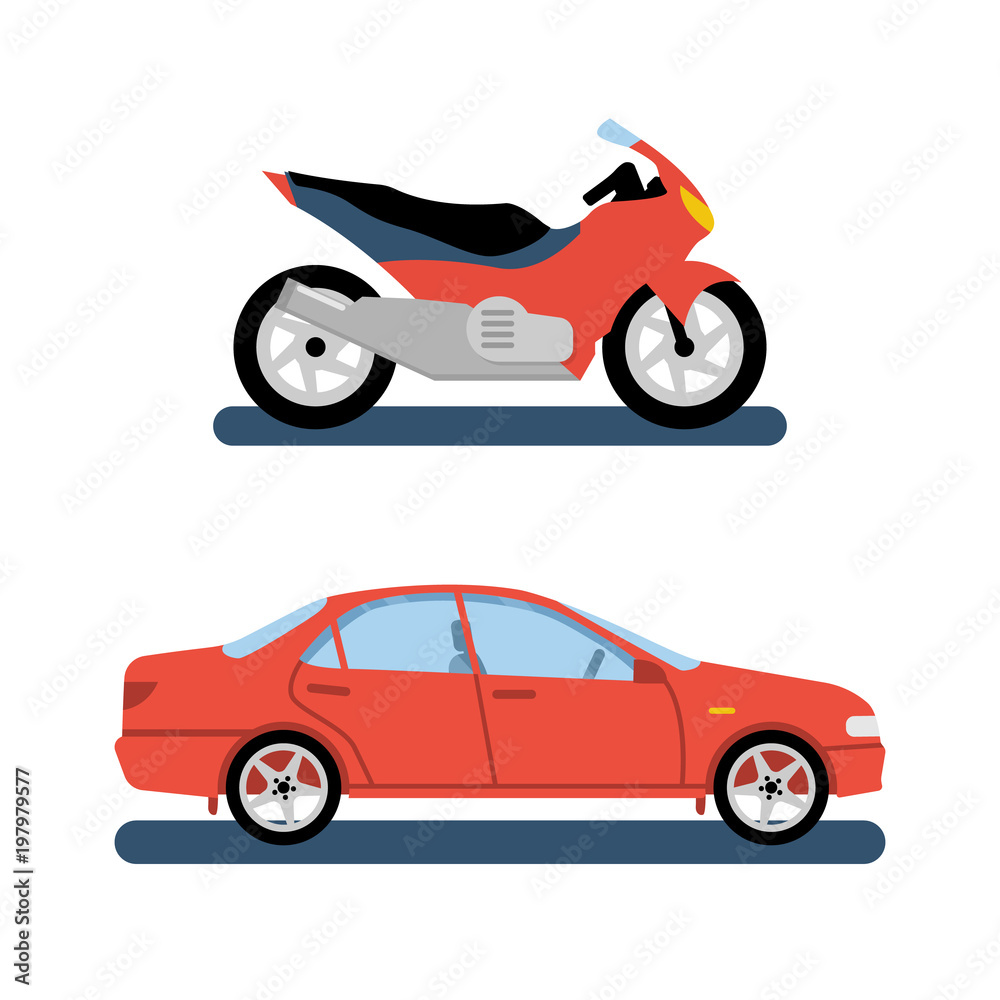Motorcycle and car colorful set. Urban road transport. Vector illustration flat design. Isolated on white background.