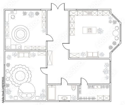 Abstract vector plan of one-bedroom apartment