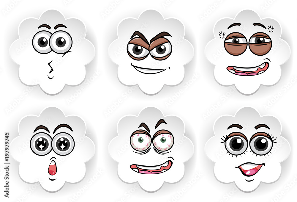 Six faces on round badges Six faces on round badges