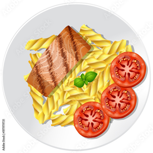 Salmon steak and pasta with fresh tomatoes