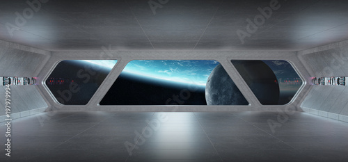 Fototapeta Naklejka Na Ścianę i Meble -  Spaceship futuristic grey blue interior with view on planet Earth