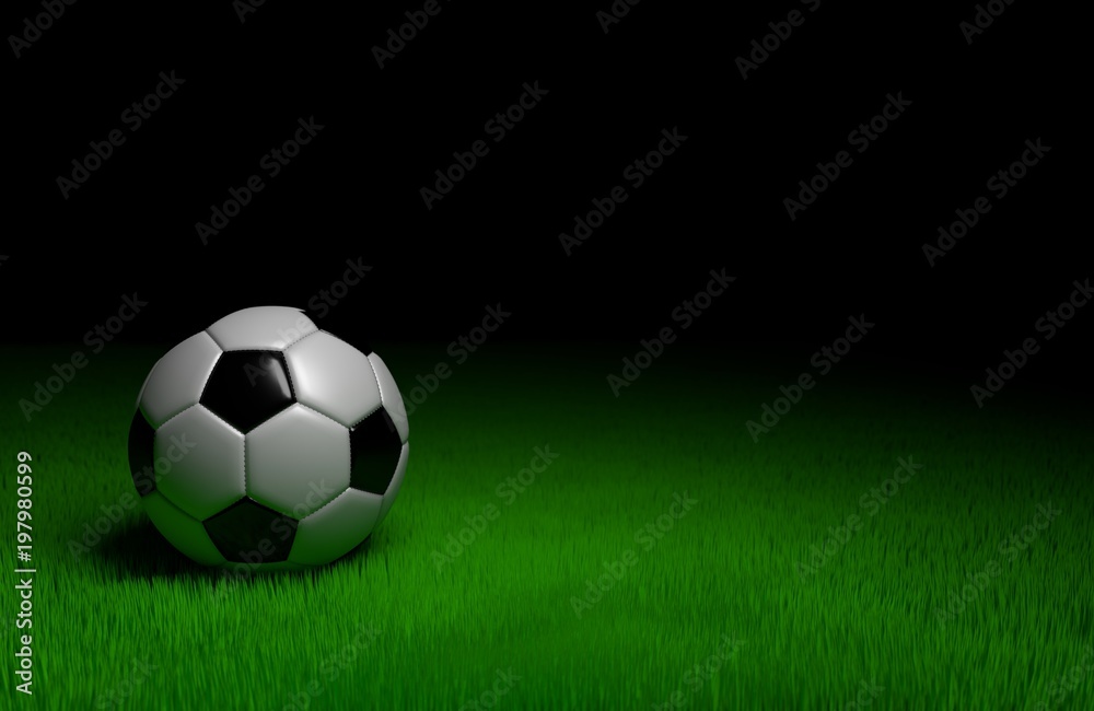 A footbal placed on the green grass. 3D Illustration or rendered.