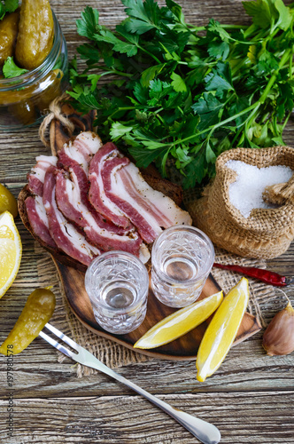 Two shot glasses of vodka with lemon slice, pickled cucumbers and rye bread with salted bacon on the dark background. Traditional strong drink and appetizer.