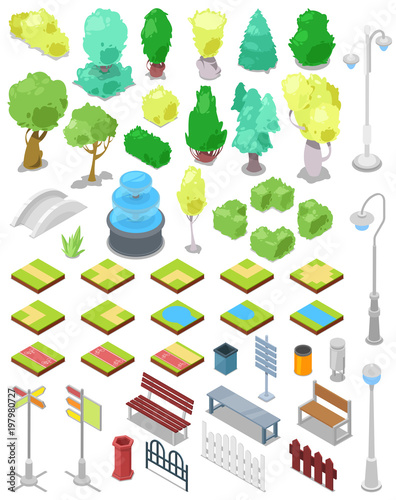 Park vector parkland with green garden trees with street lights or lamps and fountain in city illustration set of isometric parkway with benches and bins in cityscape isolated on white background