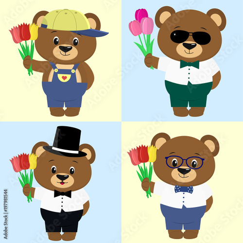 Set of cute brown bears of boys in different clothes with a bouquet of tulips in the style of a cartoon.