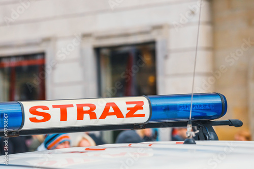 Sign Polish firefighters on the vehicle, close up