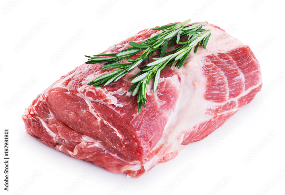 Fresh raw pork neck meat and rosemary isolated on white background.