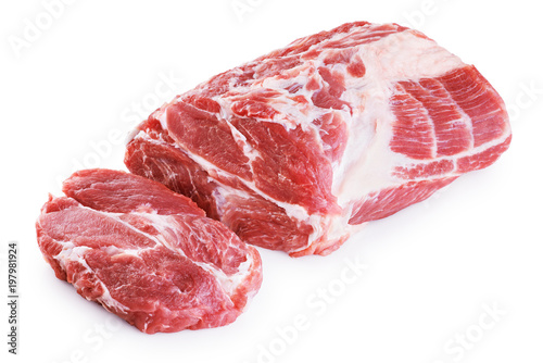 Fresh raw pork neck meat isolated on white background.