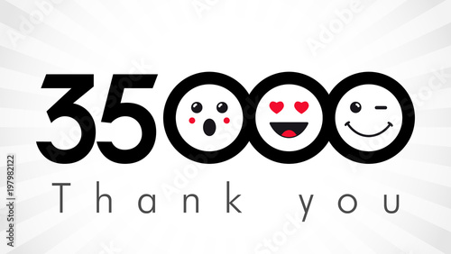 Thank you 35000 followers numbers. Congratulating black and white networking thanks, net friends image in two 2 colors, customers 35 000 likes, or % percent off discount. Round isolated smiling people