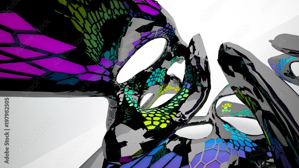 Fototapeta premium Abstract black and colored gradient parametric interiorwith window. 3D illustration and rendering.