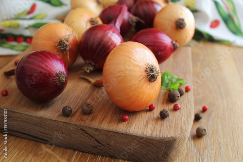 Red and yellow onions on the cutting board