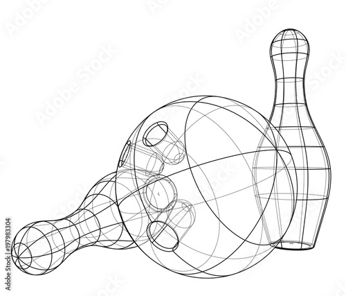 Bowling skittles and ball outline. Vector