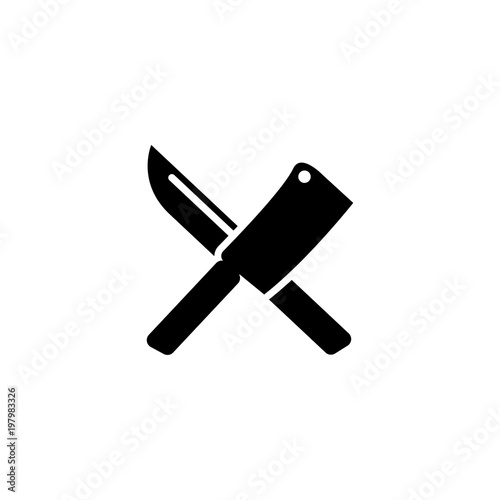 Crossed Chef knife. Butcher Tools. Flat Vector Icon. Simple black symbol on white background