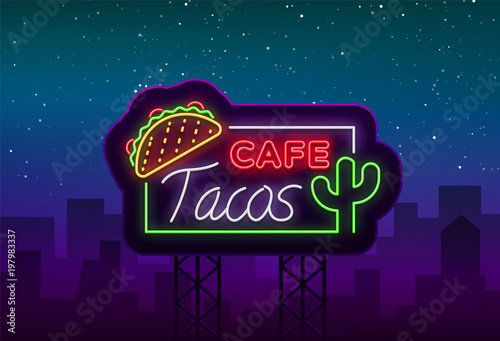 Tacos logo in neon style. Neon sign, symbol, bright billboard, nightly advertising of Mexican food Taco. Mexican street food, fast food. Vector illustration for your projects, restaurant, cafe