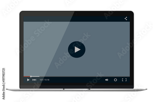 Modern glossy laptop with video player mockup on screen isolated on white background. Vector illustration.