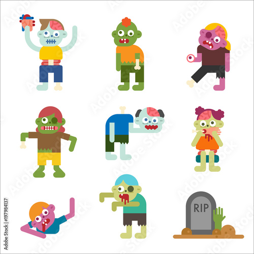 cute zombie character vector flat design illustration set 