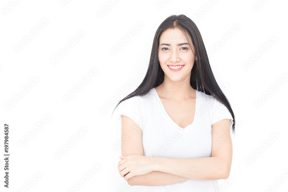 Portrait of Attractive Asian Woman smiling on white background. Portrait of Attractive Asian Woman smiling on white background.