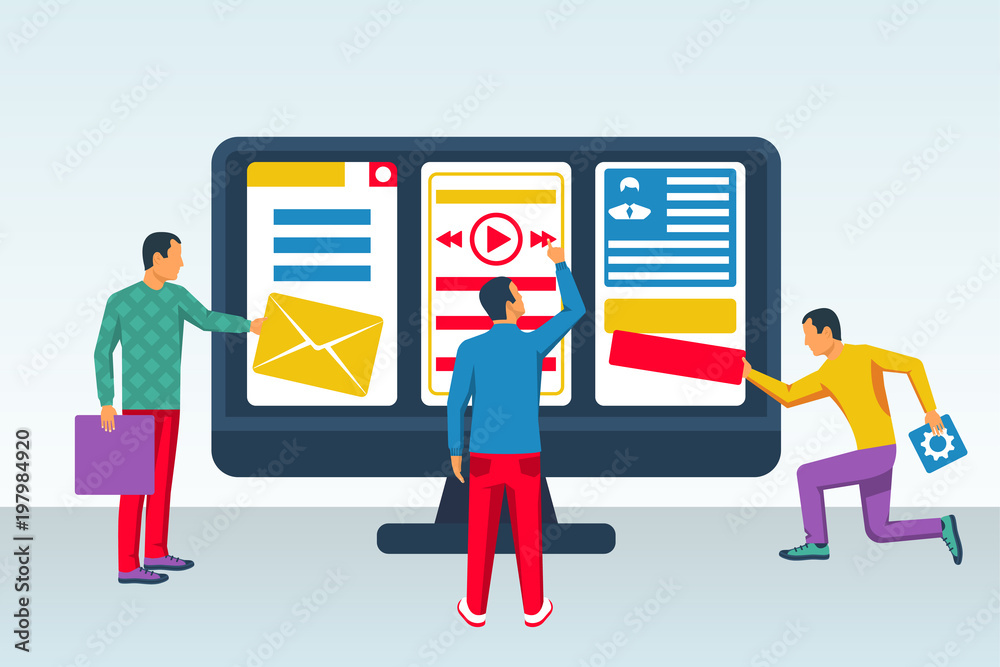 Design interface concept. Creative team of designers is working on creating an interface. Development website. Vector illustration flat design. Isolated on white background. UX UA Design interface concept. Creative team of designers is working on creating an interface. Development website. Vector illustration flat design. Isolated on white background. UX UA