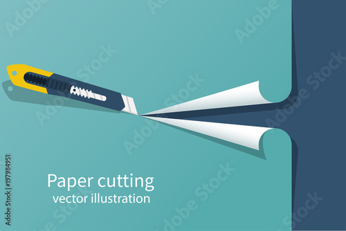 Paper cutting. Stationery office knife. Vector illustration flat design. Isolated on white background. 