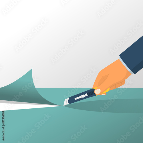 Knife to cut paper holding in hand. Man rules paper. Vector illustration flat design. Isolated on white background. Office knife.