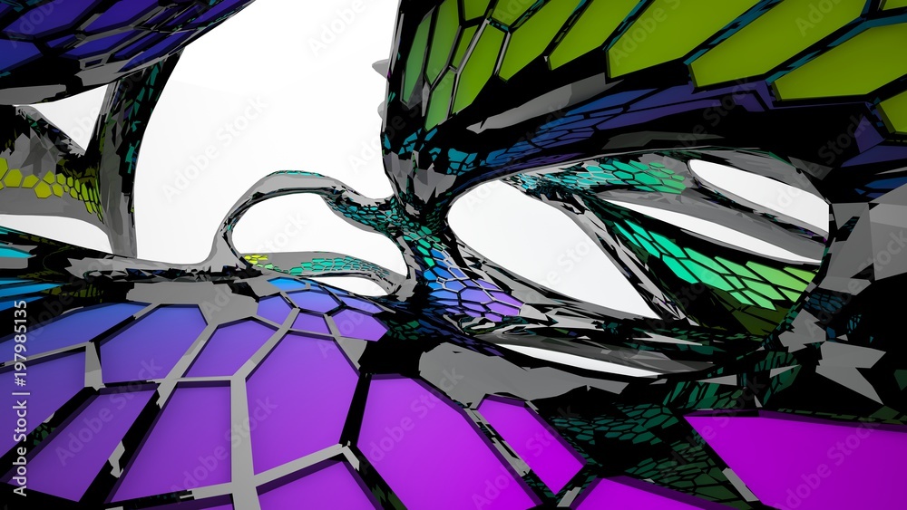 Fototapeta premium Abstract black and colored gradient parametric interiorwith window. 3D illustration and rendering.