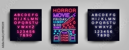 Horror movie postcard typography design neon template. Brochure style neon, neon sign, poster, banner light, night bright advertising on movies, cinema. Vector Illustrations. Editing text neon sign