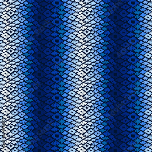 Tribal pattern. Ethnic print. Aztec. Abstract fabric. Cloth design. Style. Boho. Tie dye. Hippie. Ikat. Blue tie dye. Stylish textile. Boho homespun. Hand drawn seamless vector.