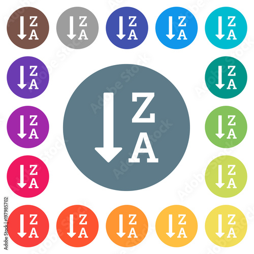 Alphabetically descending ordered list flat white icons on round color backgrounds