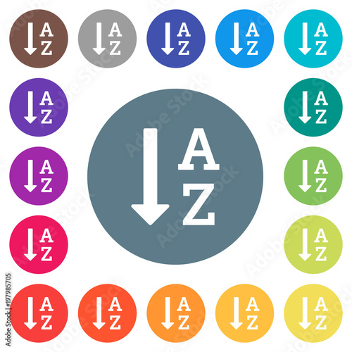 Alphabetically ascending ordered list flat white icons on round color backgrounds