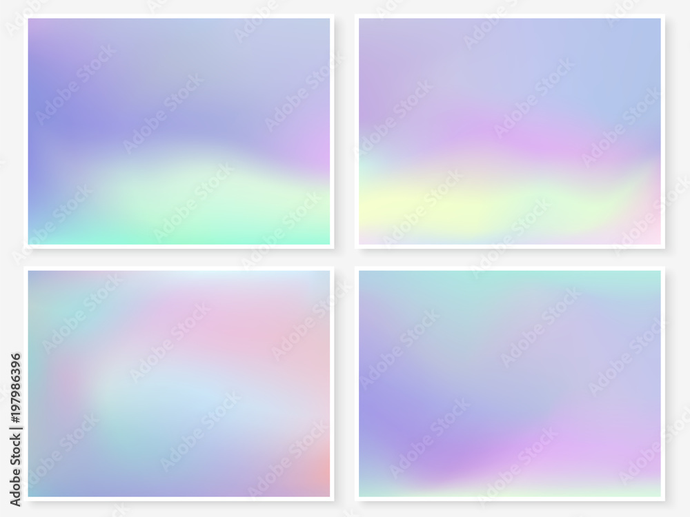 Holographic backgrounds. Holography textures set. Hologram glitch. Smooth blur. Trendy wallpapers. Textures for web design, business printed products.