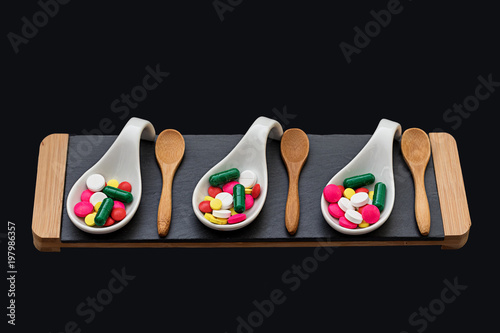 Assorted pharmaceutical medicine pills, tablets and capsules on fancy plate, taken at breakfast, lunch or dinner suggesting drug abuse. Pills. Medicine and health. Healthcare