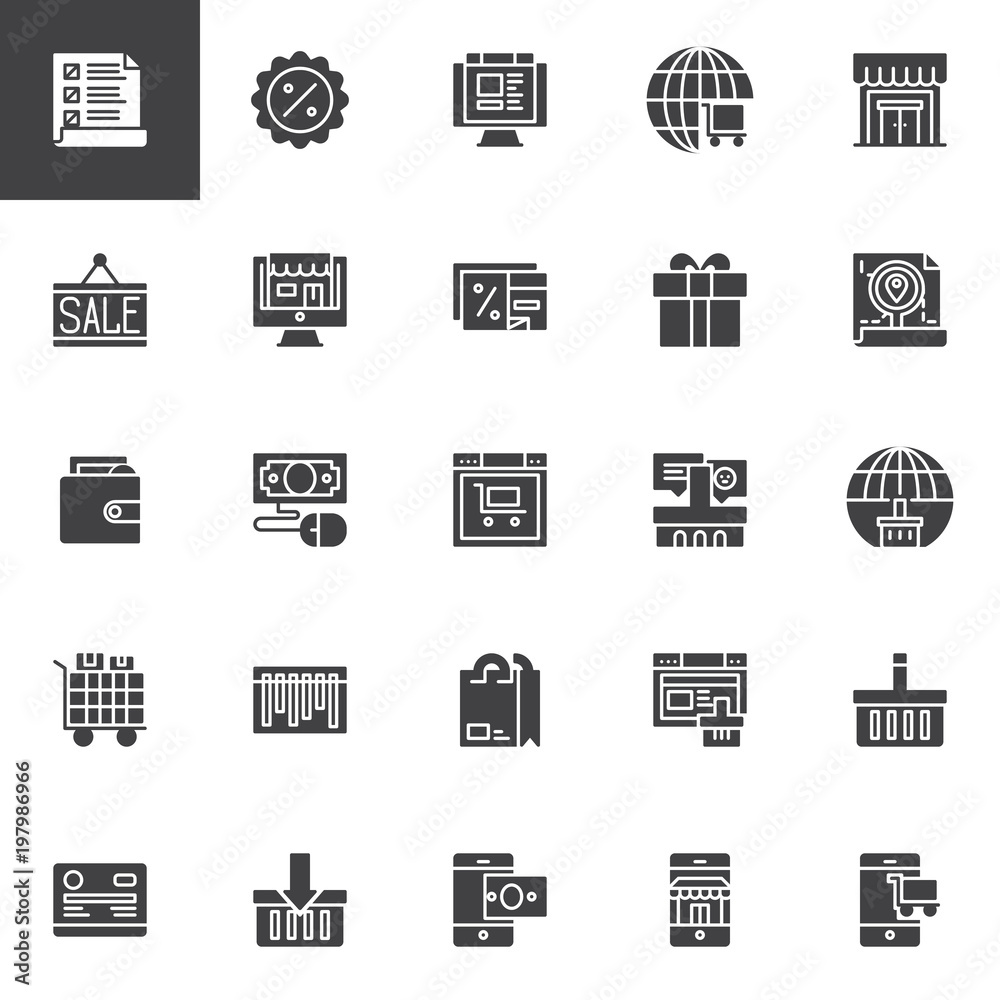 Online shopping vector icons set, modern solid symbol collection, filled style pictogram pack. Signs, logo illustration. Set includes icons as Wishlist, Discount, Store, Gift box, Customer feedback Online shopping vector icons set, modern solid symbol collection, filled style pictogram pack. Signs, logo illustration. Set includes icons as Wishlist, Discount, Store, Gift box, Customer feedback