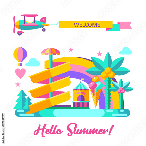 Water park. Hello summer. Vector illustration.