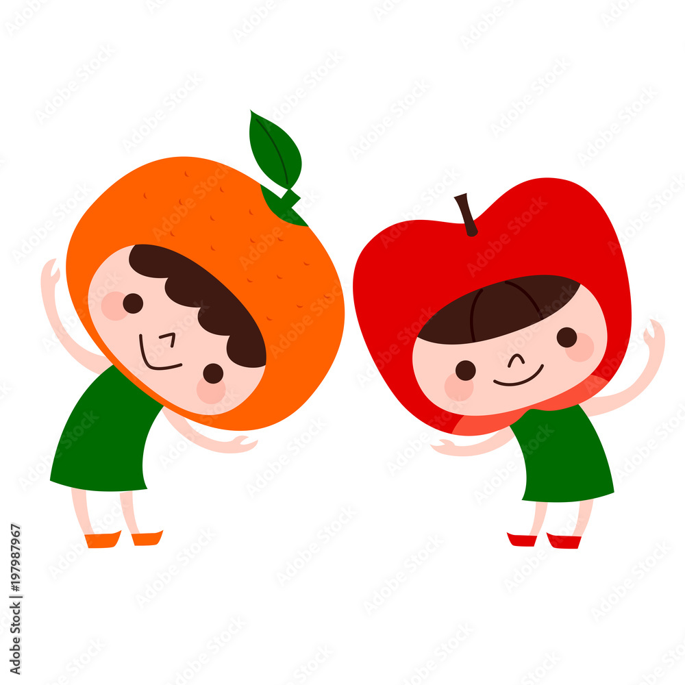 ミカン リンゴの帽子をかぶった 仲良しの子どもたちのイラスト Stock Vector Adobe Stock
