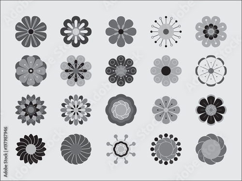 Monochrome floral icon set of 20 silhouette flowers Isolated on white background. Stylized summer or spring flowers  floral design elements. Vector illustration