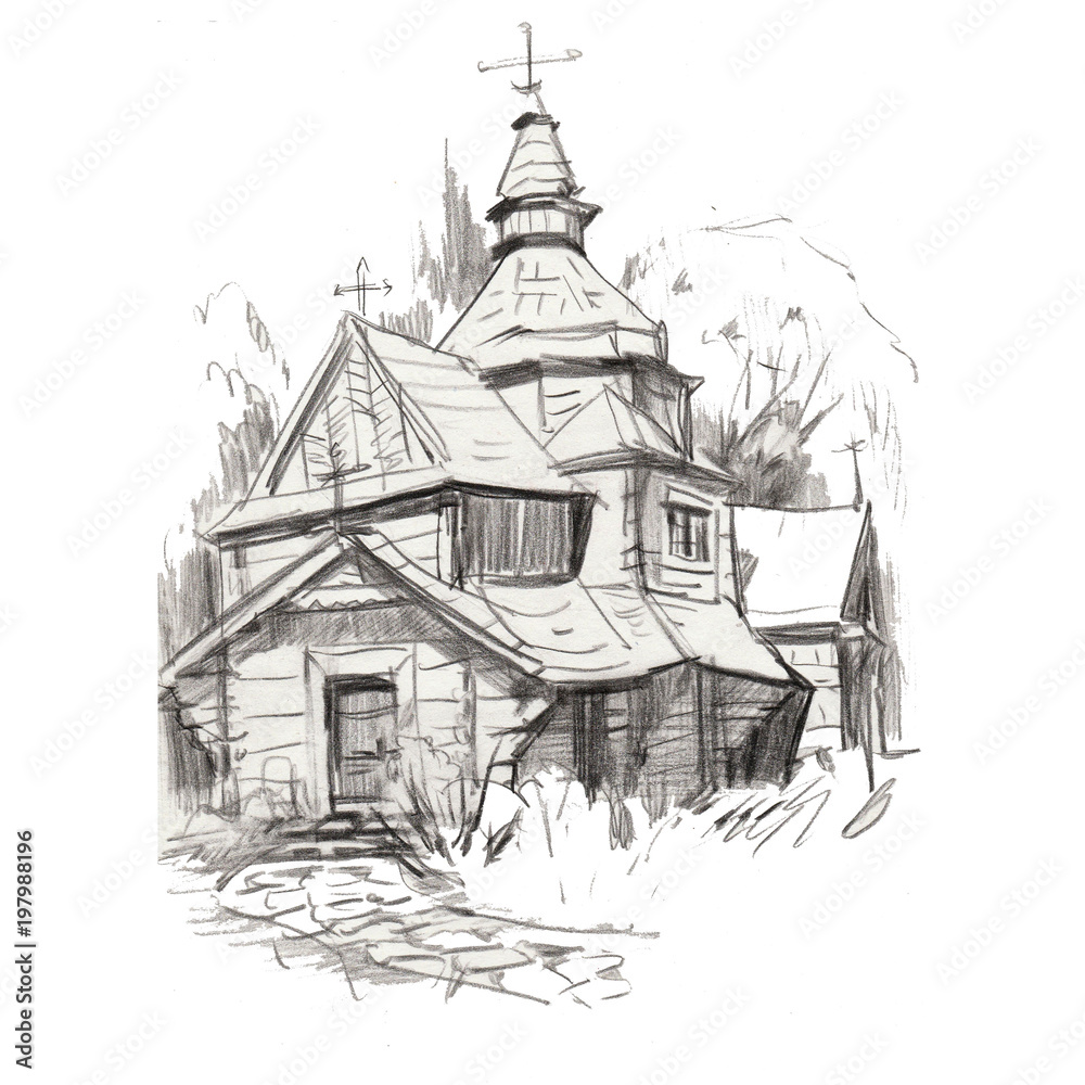 pensil drawing architecture castel building wood church medieval historic famoust ansient nature europe  landmark travel tourism