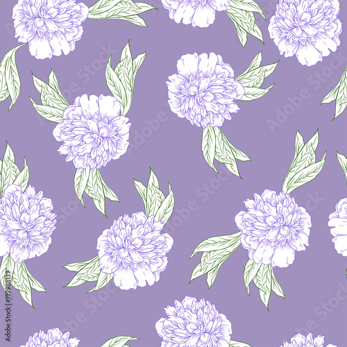 Seamless pattern with silhouette peony flowers and leaves on lilac background. Hand drawn vector illustration.
