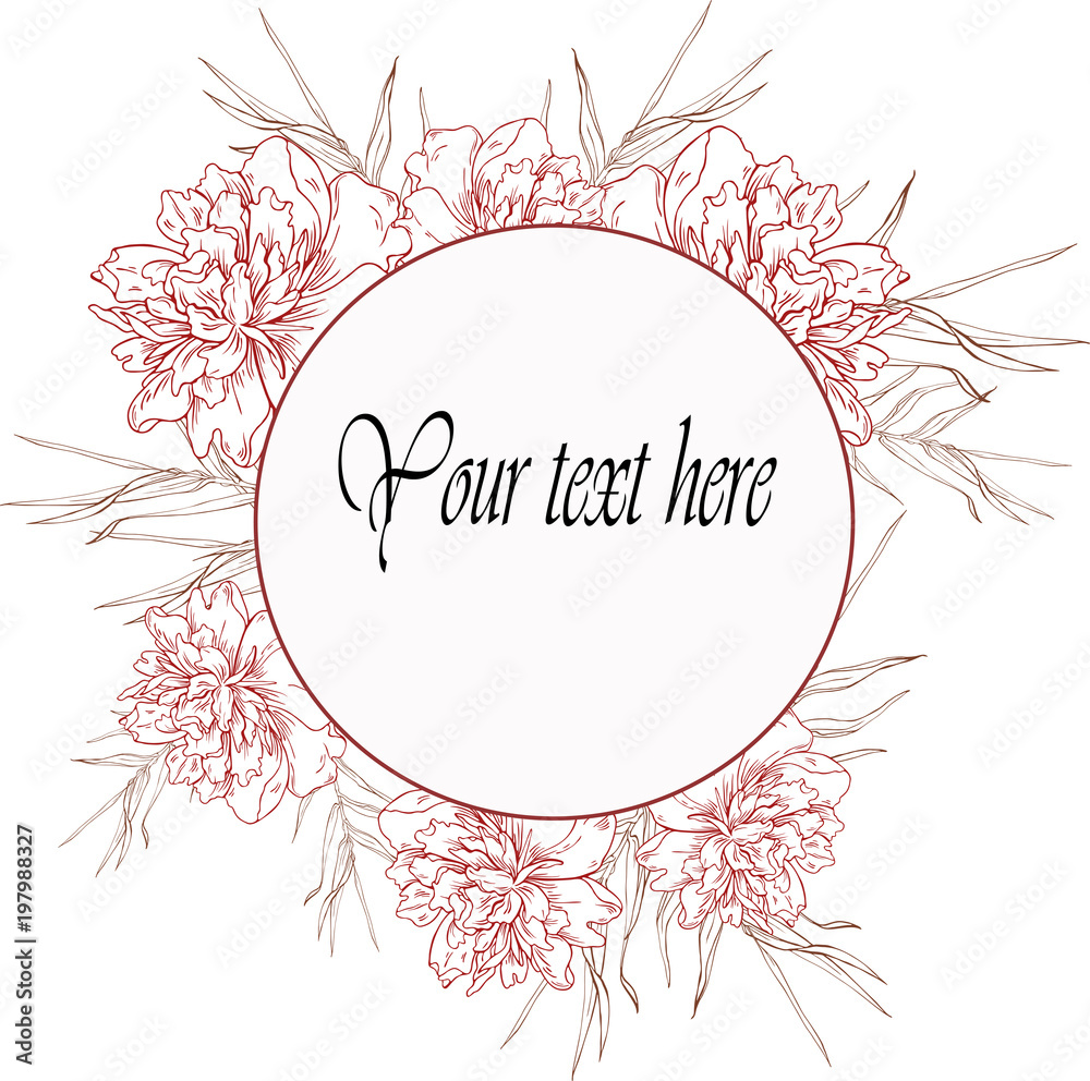 Red silhouette peony flowers and branches frame with window for text. Design for invitation, greeting card, logo. Hand drawn vector illustration. Red silhouette peony flowers and branches frame with window for text. Design for invitation, greeting card, logo. Hand drawn vector illustration.