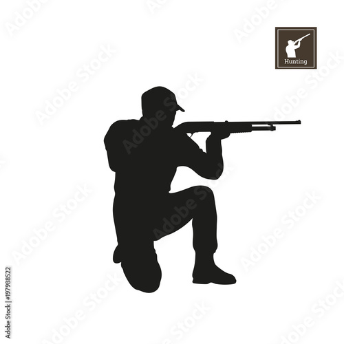 Black silhouette of hunter on white background. Icon of hunt man. Shooter with rifle. Vector illustration 