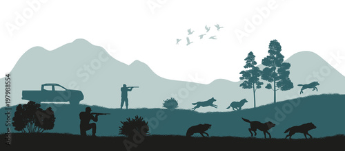 Hunting the wolves. Black silhouette of hunters on forest background. Wildlife landscape. Panorama of shotgun mans safari. Season expedition