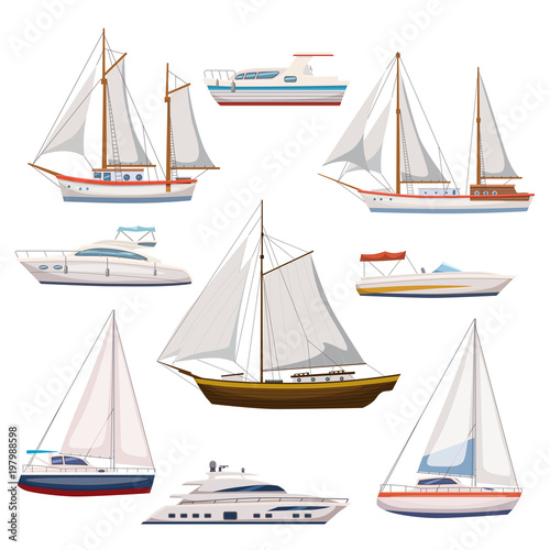 Super set of water carriage and maritime transport in modern cartoon design style. Ship, boat, vessel, warship, cargo ship, cruise ship, yacht, wherry, hovercraft. Isolated