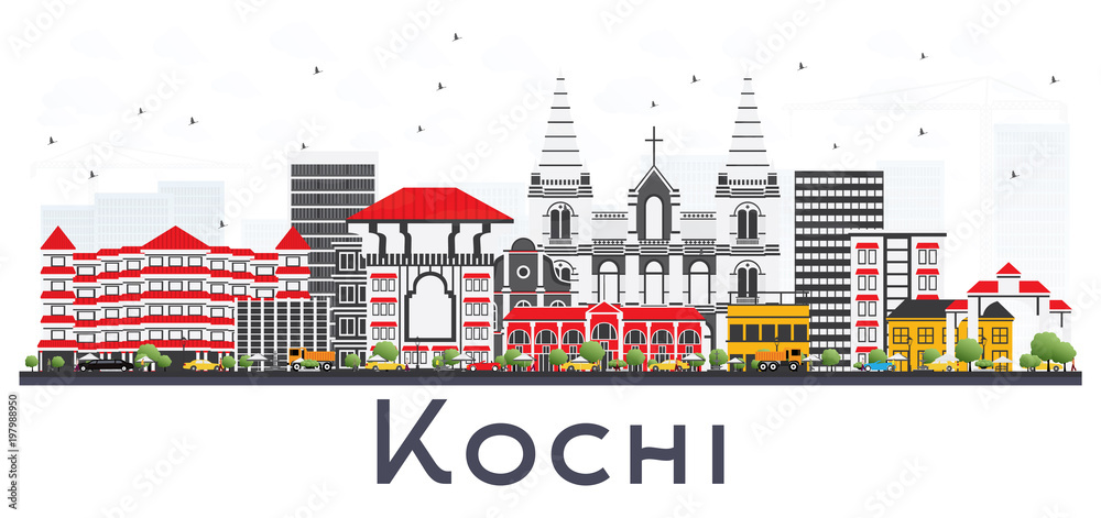 Kochi India City Skyline with Color Buildings Isolated on White.