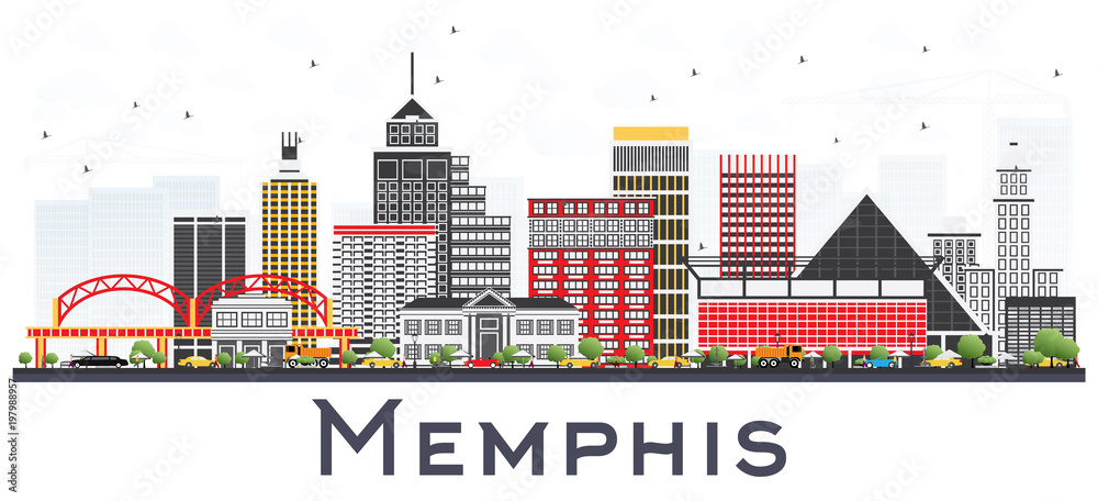 Memphis Tennessee City Skyline with Color Buildings Isolated on White.