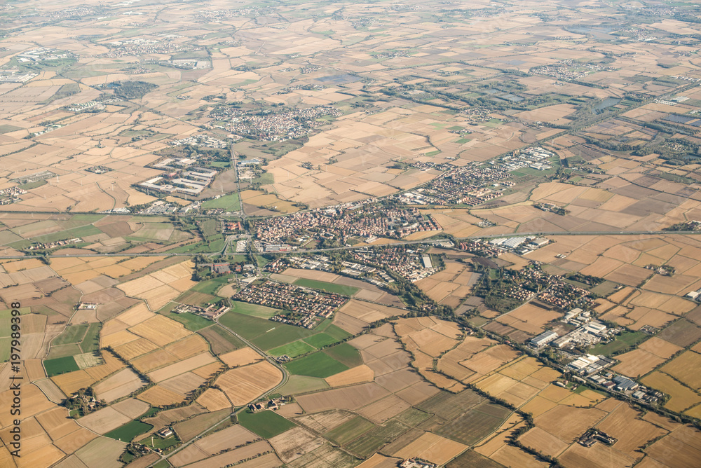 Spring in Italy. Aerial View with Meadows. Small Town.