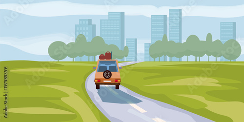Road way to city buildings on horizon vector illustration, car highway cityscape cartoon style, modern big skyscrapers town far away ahead, perspective landscape and city view, vector