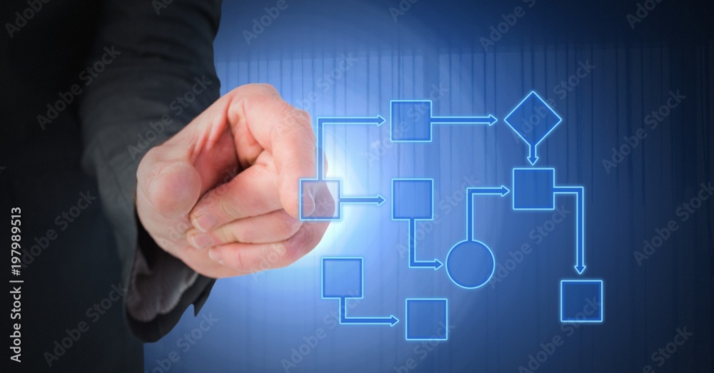 Hand touching blue wireframe Hand touching blue wireframe