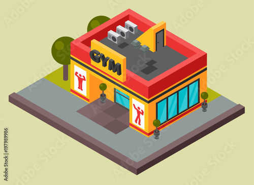 Isometric vector sports club fitness gym illustration. Urban gym center construction design. Property block facade plan modern fitness sport city architecture house kiosk with parking zone isolated